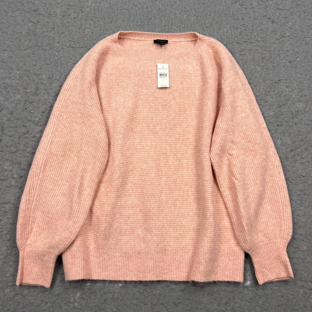 NEW Ann Taylor Sweater Women's Large Pink Soft Knit Ribbed Boatneck Puff Sleeve